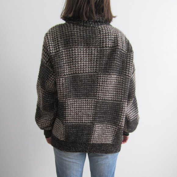 80s Mohair wool-Tan, brown, black cardigan sweater - Picture 2 of 4